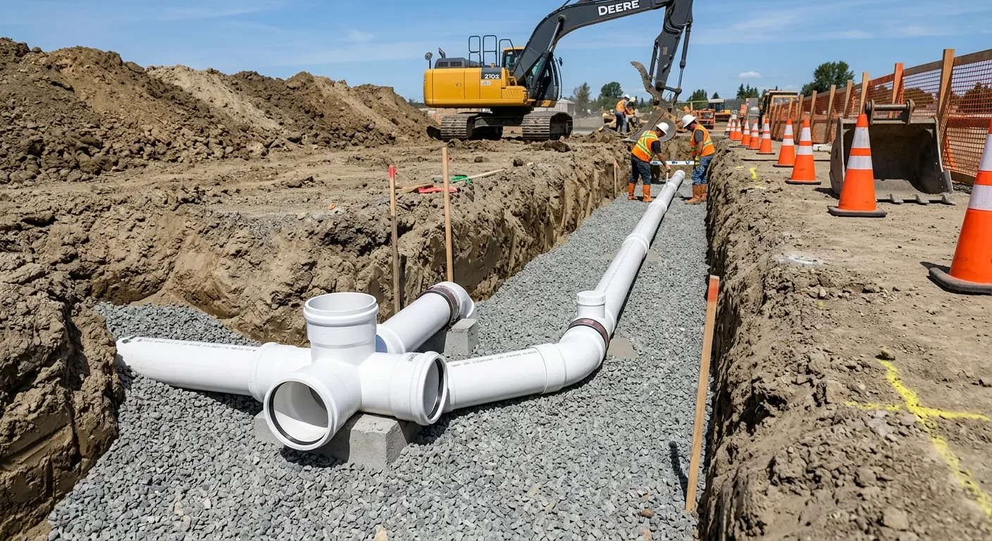 New PVC sewer pipe installation in open trench for Sewer Backup in Somers