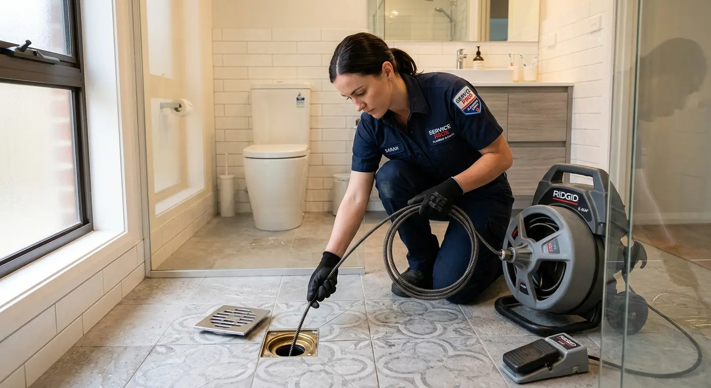 Technician clearing a bathroom floor drain for Hydro Jetting in Somers